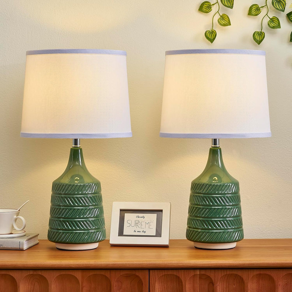 Green Ceramic Table Lamps Set of 2, 18.5" Modern Bedside Lamps for Night...