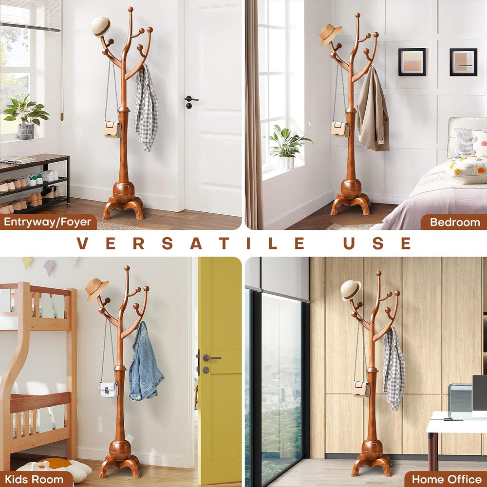Coat Rack Freestanding Wood Coat Tree with Stable Sphere Base, Light Brown