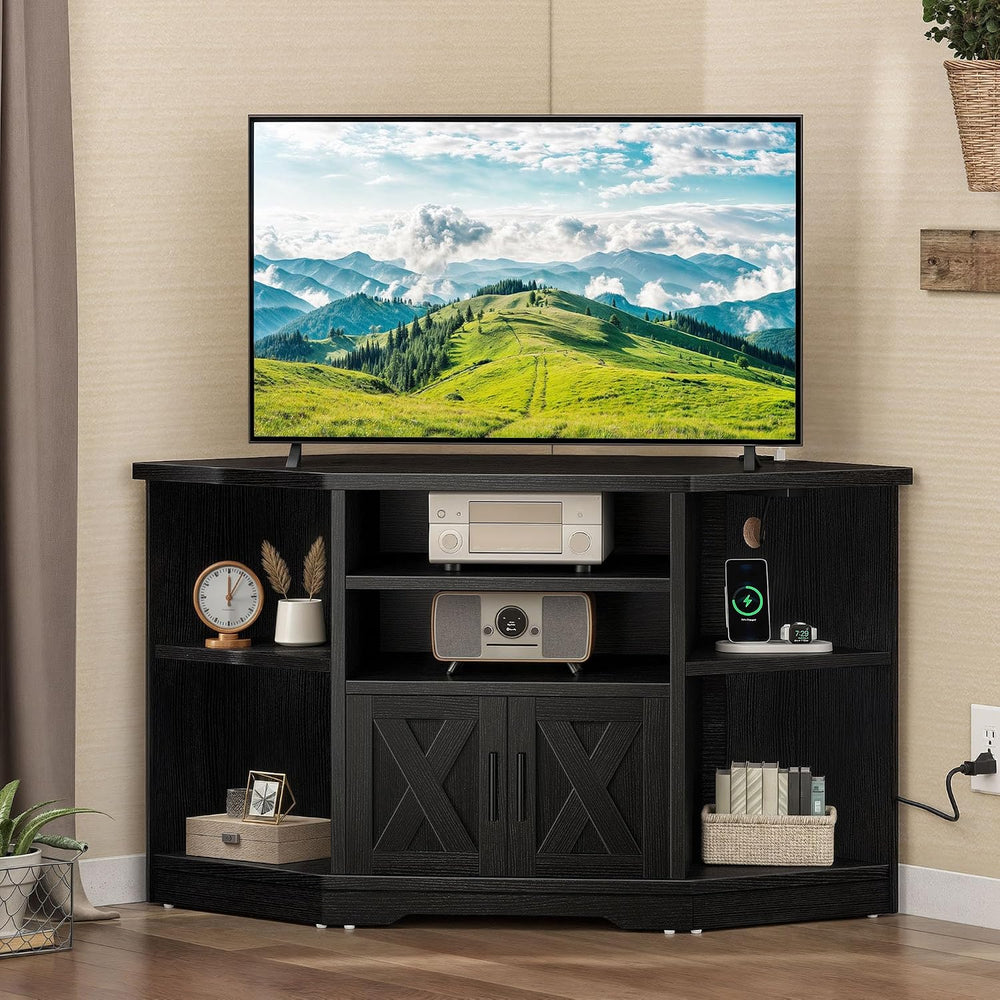 YITAHOME Corner Farmhouse TV Stand with Power Outlets, Living Room, Black