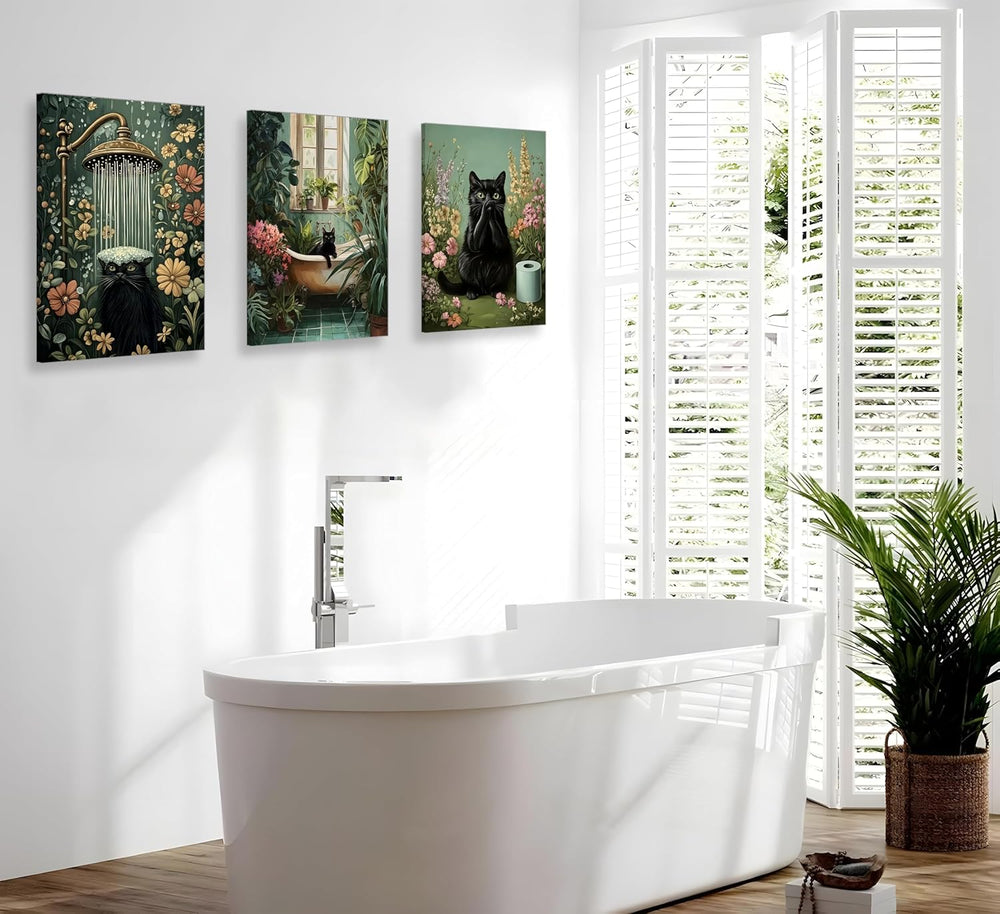 3pcs Framed Black Cat Bathroom Wall Art 12x16 inches Can Be Hung Directly