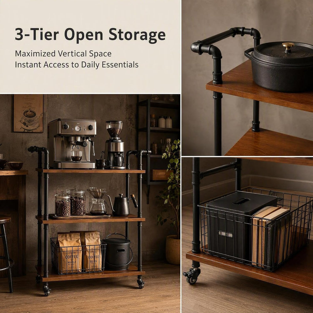 Industrial Pipe Bar Carts, Solid Wood Serving Carts, Rolling Kitchen Carts