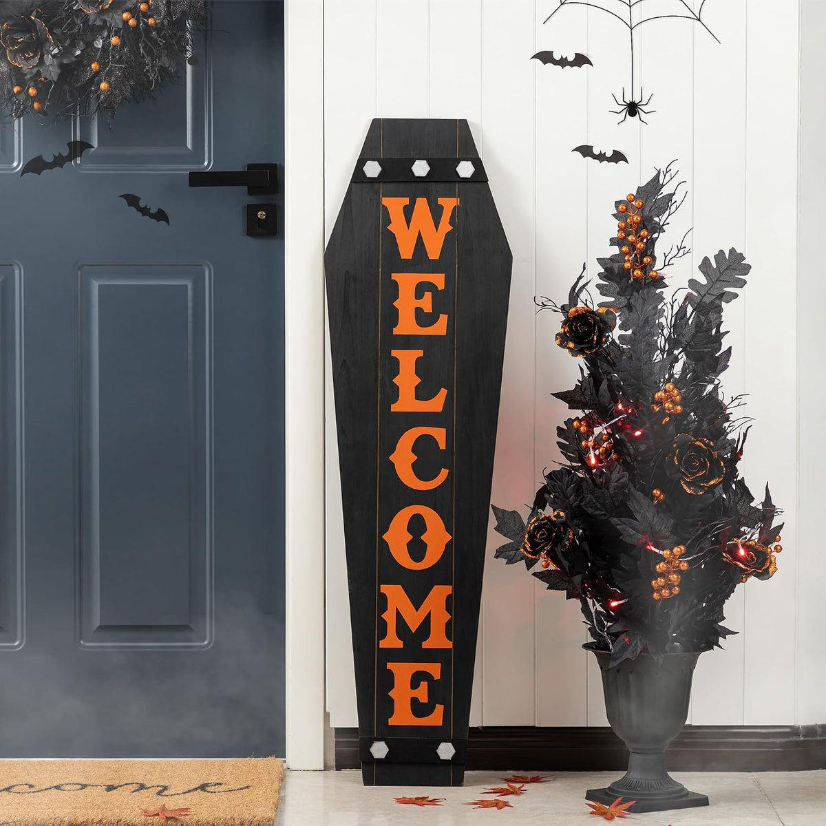 Glitzhome 38"H & 42"H Halloween Wood Mummy & Welcome Coffin Porch Decor, Solid Wood Halloween WELCOME Signs, Vertical Hang or Free-standing Yard Sign for Front Door Farmhouse Spooky Outdoor