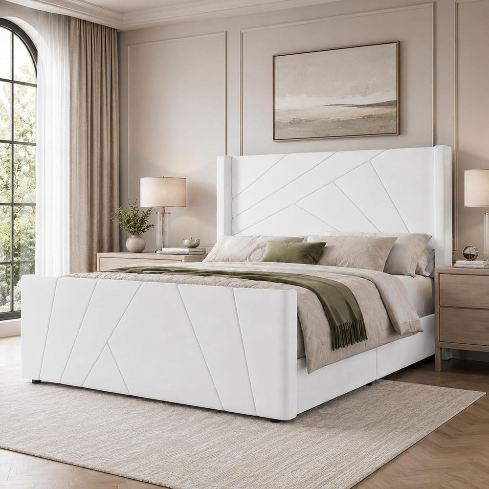 BarnFurin Full Size Bed Frame with Tall Geometric Wingback Headboard, Cream W...