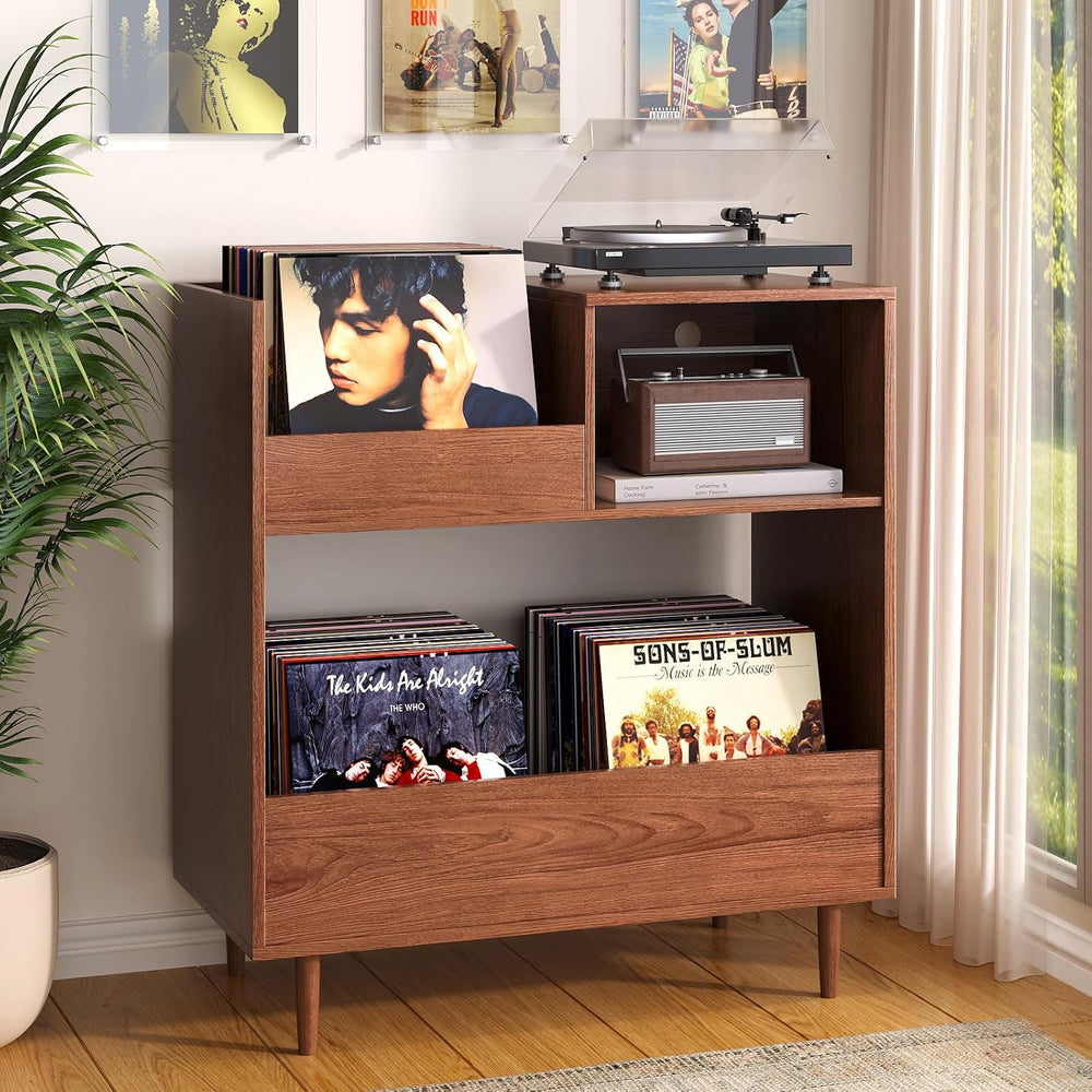 BROTTAR Mid Century Modern Record Player Stand，2-Tier Vinyl Record Storage