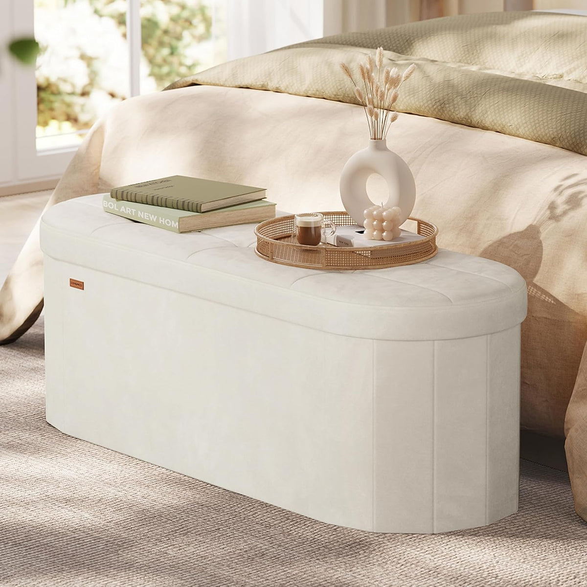 SONGMICS Folding Ottoman with Storage, Oval Bench, Velvet Fabric | For Living Room, Bedroom, 43.3 x 15 x 15 Inches, Cappuccino, MINOTA Collection ULSF297LH01