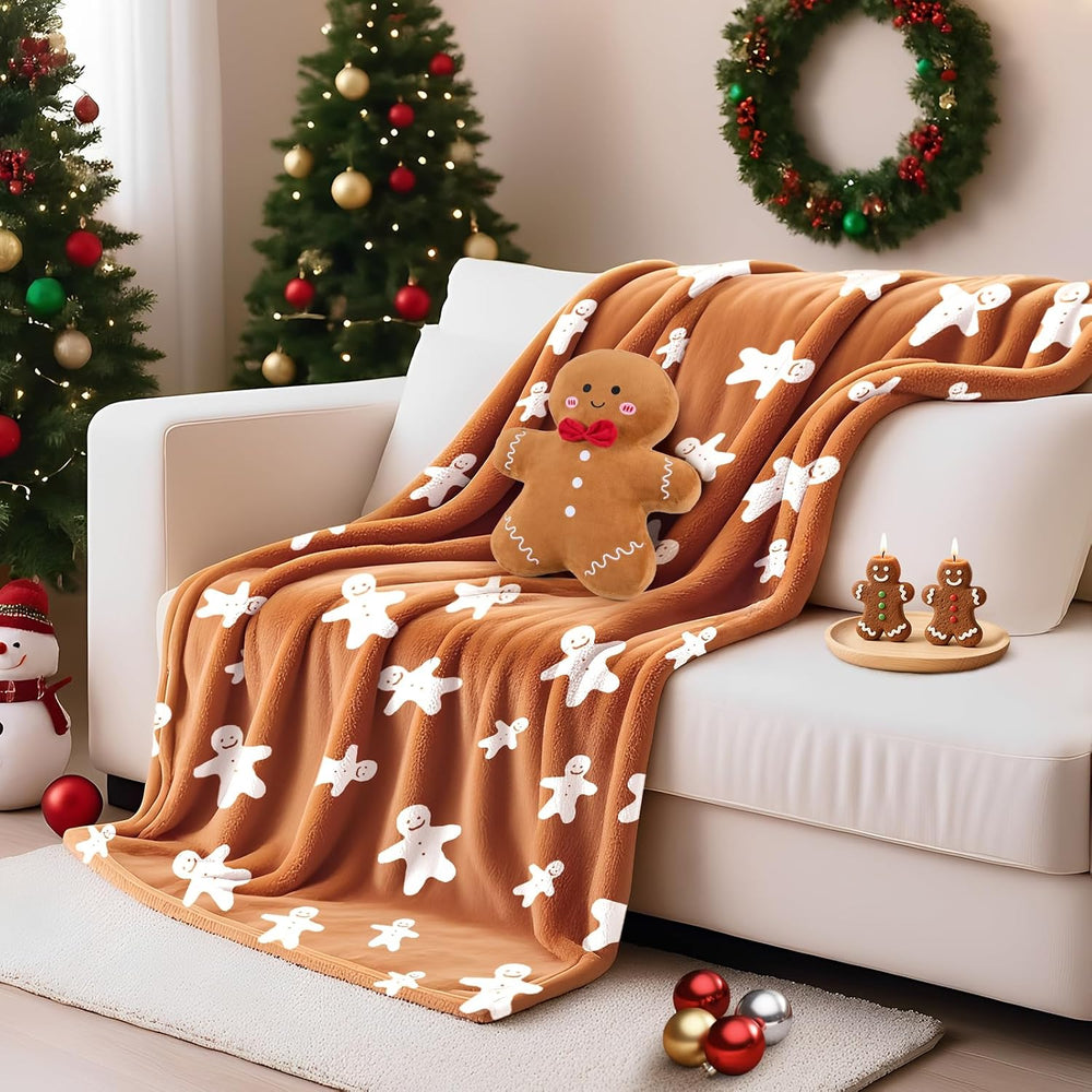 2pcs Gingerbread Man Christmas Throw Blanket and Pillow Set