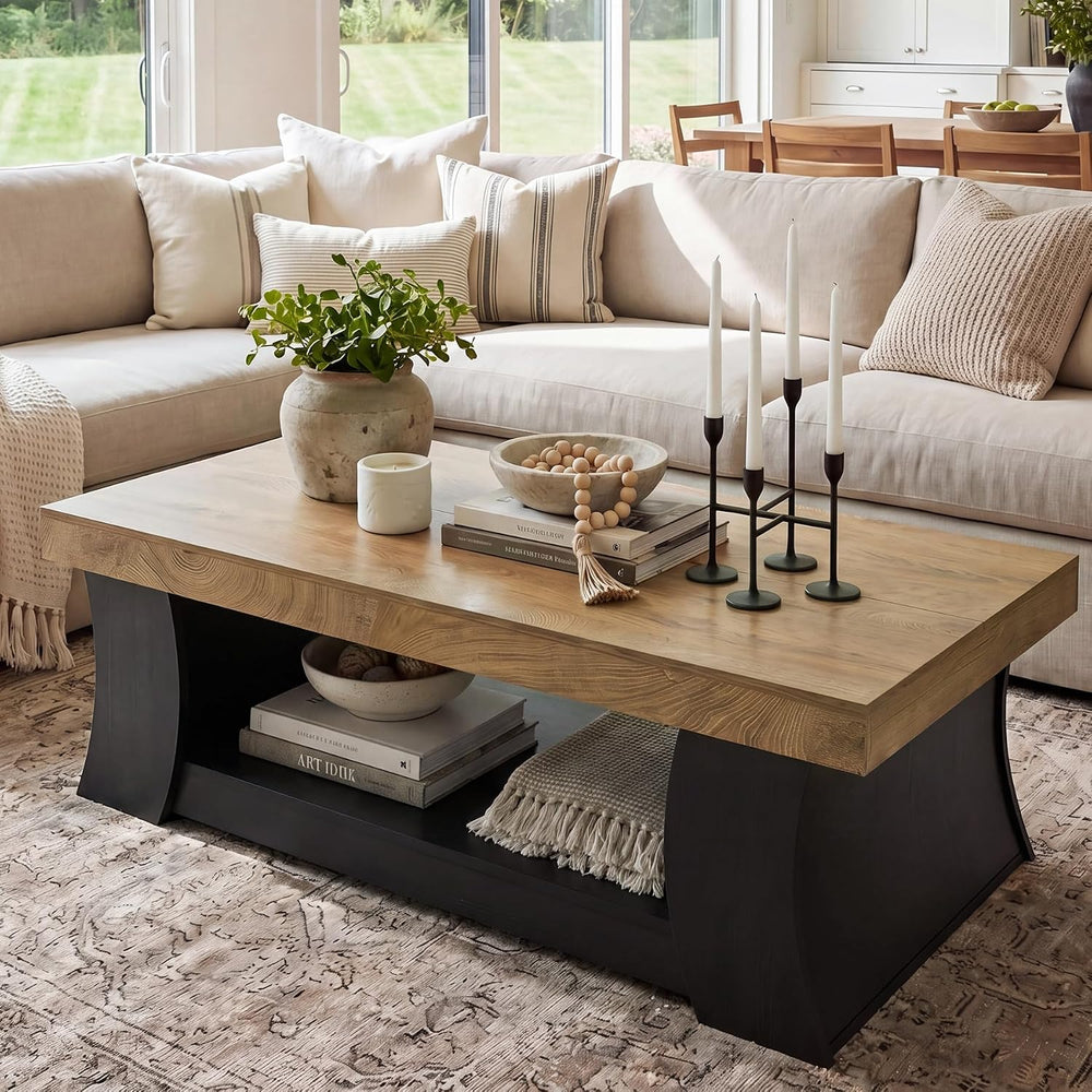 LITTLE TREE 55" Coffee Table, Living Room Table with Storage Shelf, Wood...