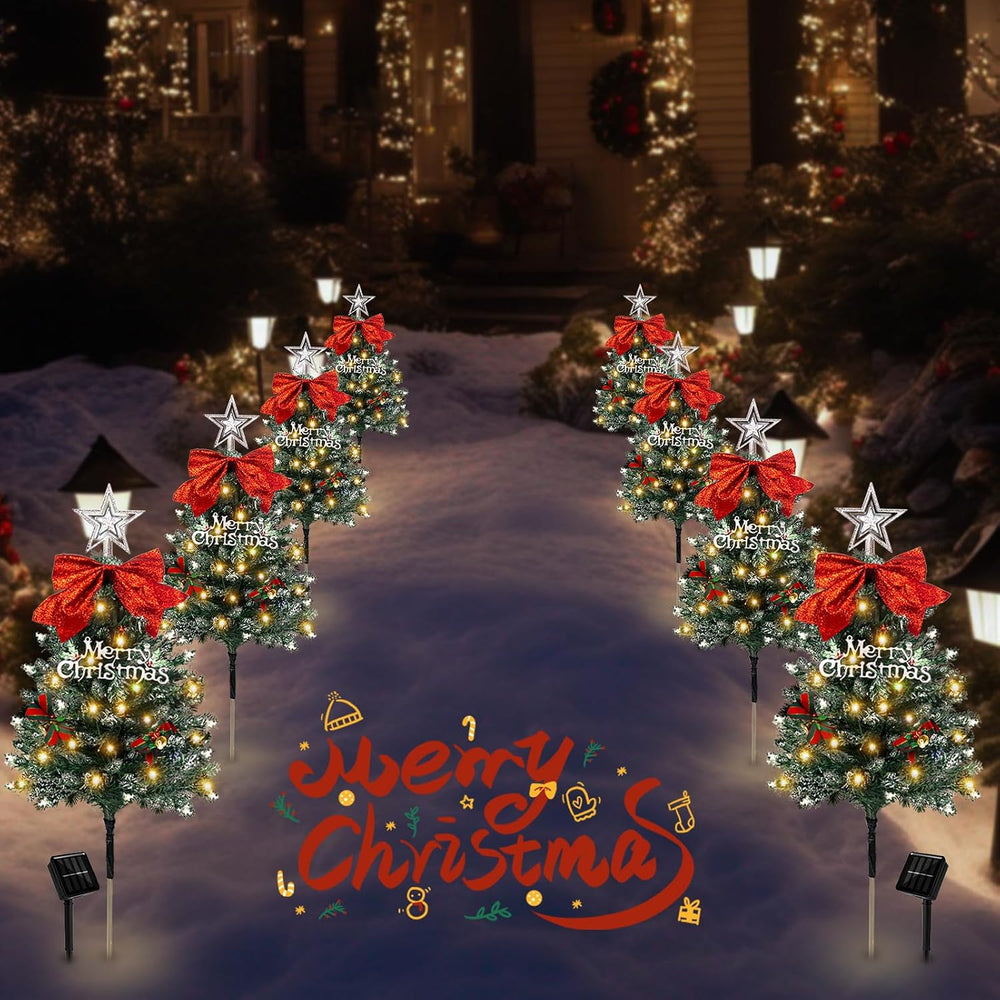 Christmas Tree Solar Pathway Lights Outdoor Decor, 4 Pack, Snowy