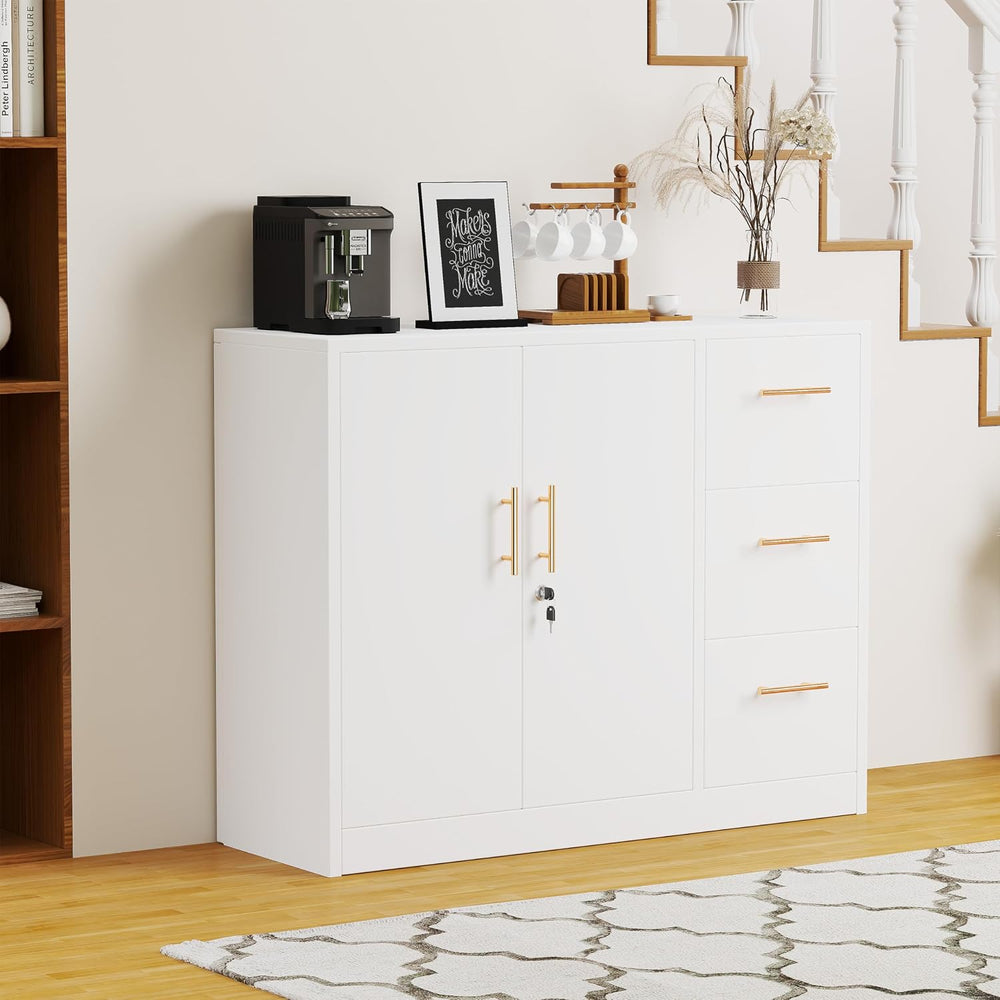 PAOFIN Sideboard Buffet Cabinet, Metal Storage Cabinet with 2 Doors and 3 Dra...