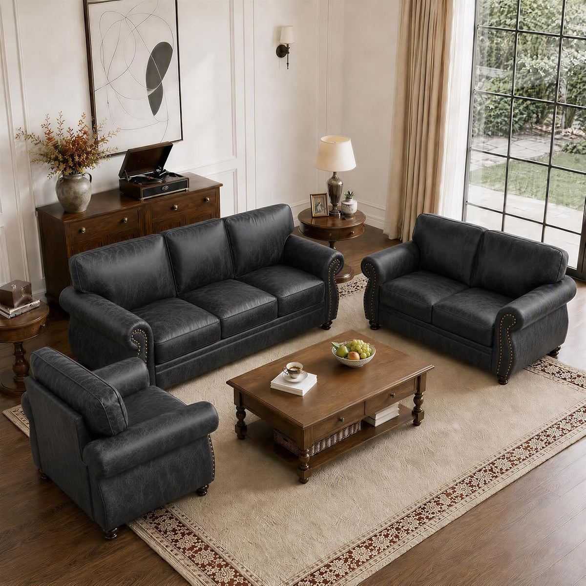 Couchus 88" W Living Room Furniture Sets, 3-Seater&Loveseat&Single, Grey | Faux Leather Fabric Sofa and Couch Sets, Mid-Century Sofa Set with Nailhead Trim (3-Piece)