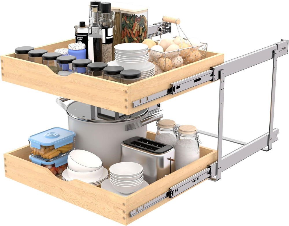 JOWBOOW 2 Tier Pull Out Cabinet Organizer 20"W x 22"D, Solid Wood