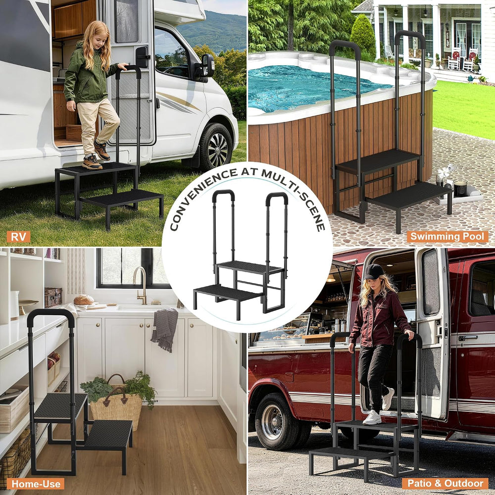 2-Step RV Steps with Handrail, Heavy Duty Anti-Slip Folding Stairs