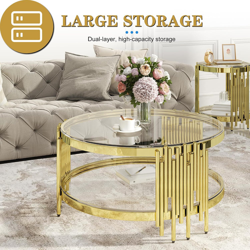 Round Glass Coffee Table Set of 3, Gold and Clear Modern Living Room Table Se...