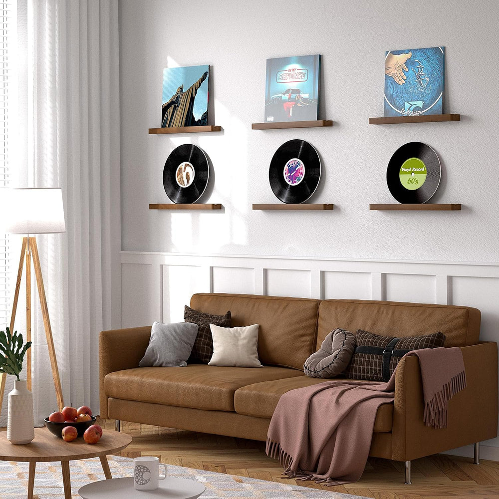 Heimlove Vinyl Wall Mount Solid Wood Record Shelf Display, Walnut, 6 Pack
