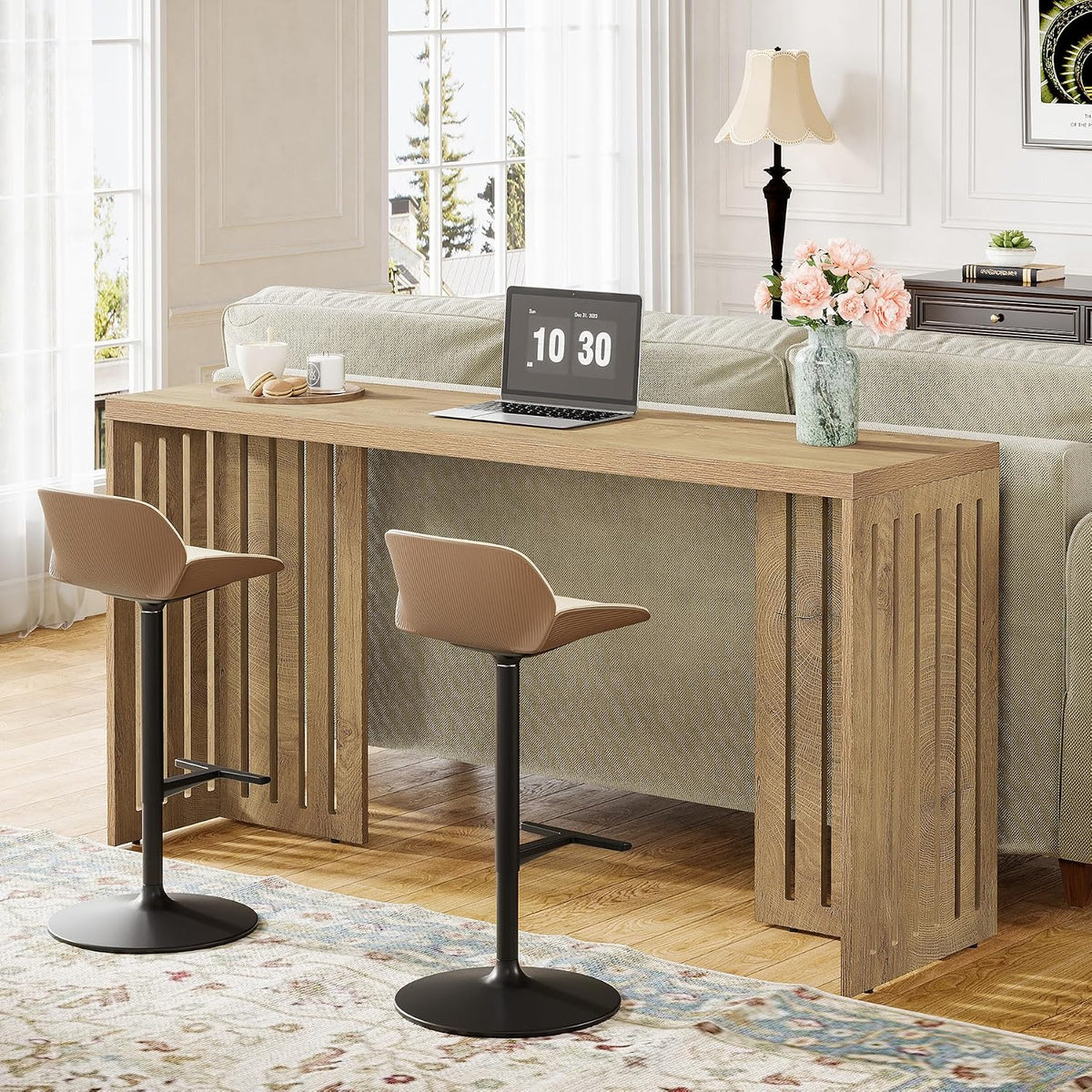 Tribesigns 63-Inch Bar Table with Louvered Base, Natural