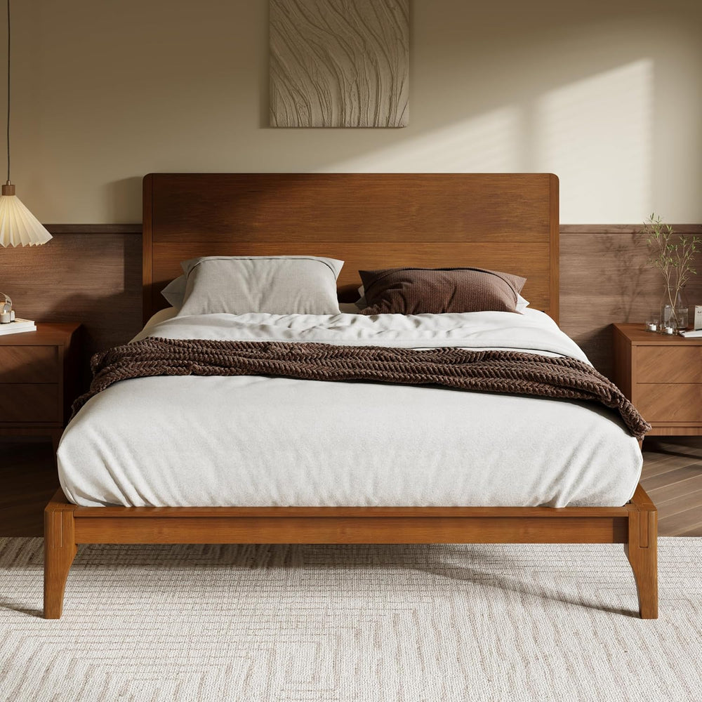 Merax Queen Size Bamboo Platform Bed Frame with Tall Headboard, Brown