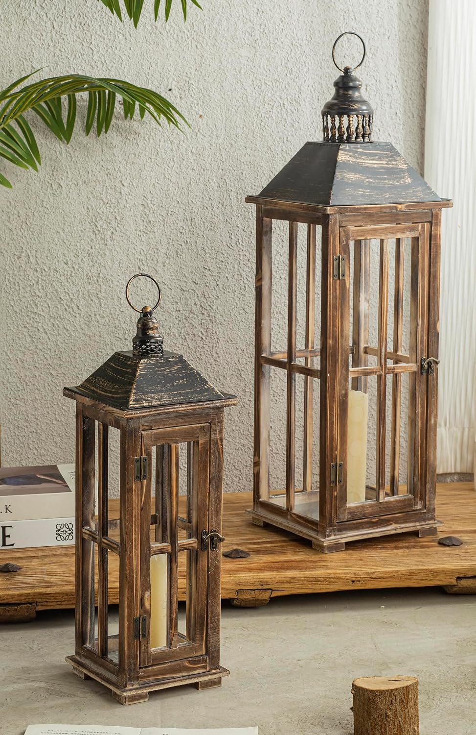 Large Farmhouse Wooden Decorative Lantern Set of 2, Rustic Distressed Brown B...