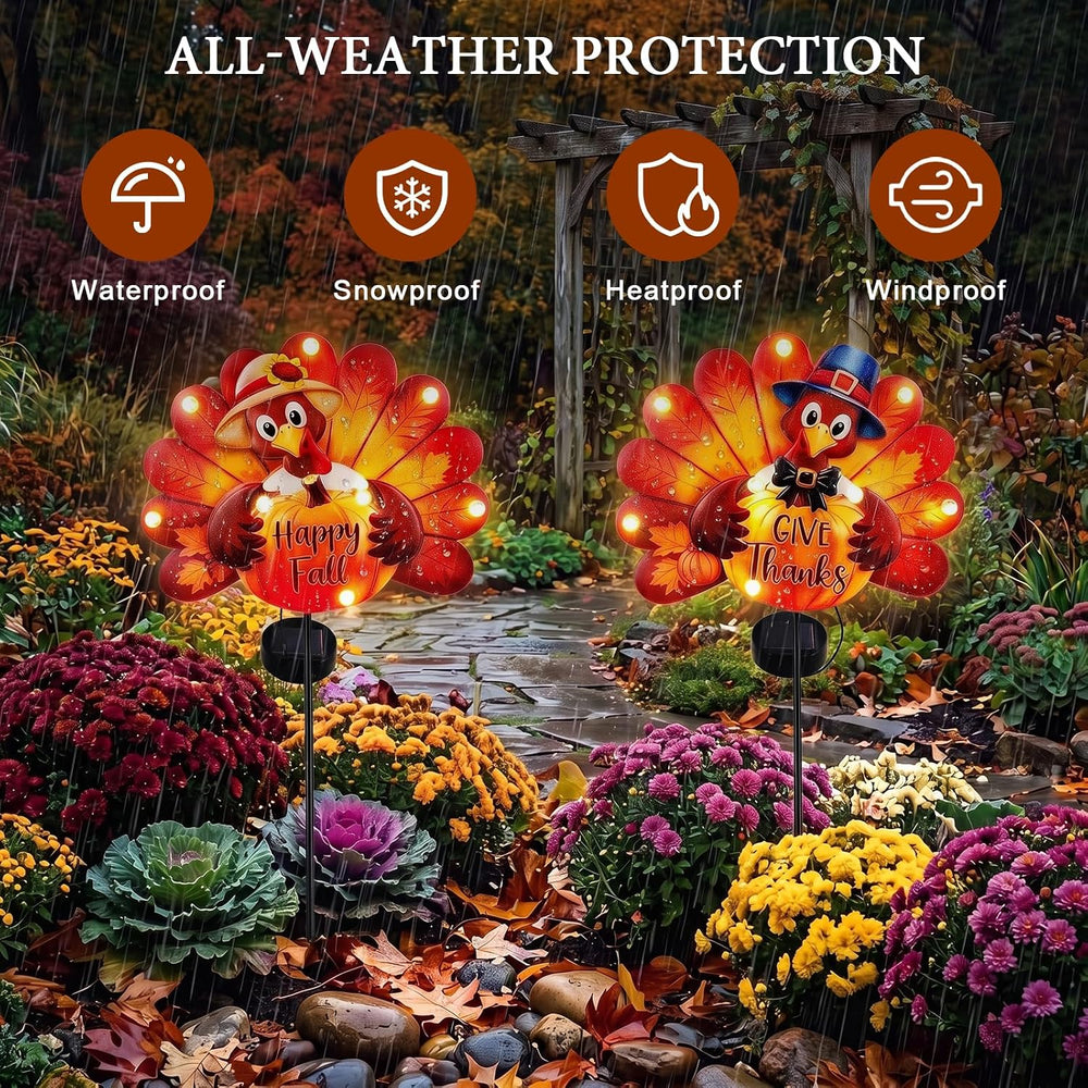 Lewondr 2PCS Thanksgiving Decorations Solar Fall Turkey Garden Stakes