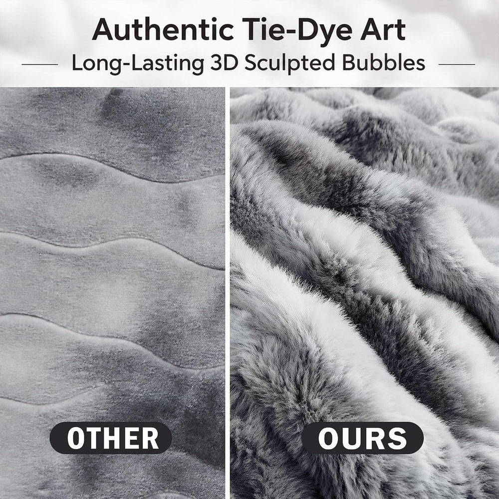 Wonderful - 3 Pieces Faux Rabbit Fur Comforter Set King Size, Grey Tie Dye Pl...