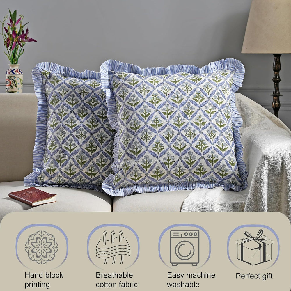 Ridhi Light Steel Blue Block Print Ruffle Pillow Covers 16x16 Inch Set of 2