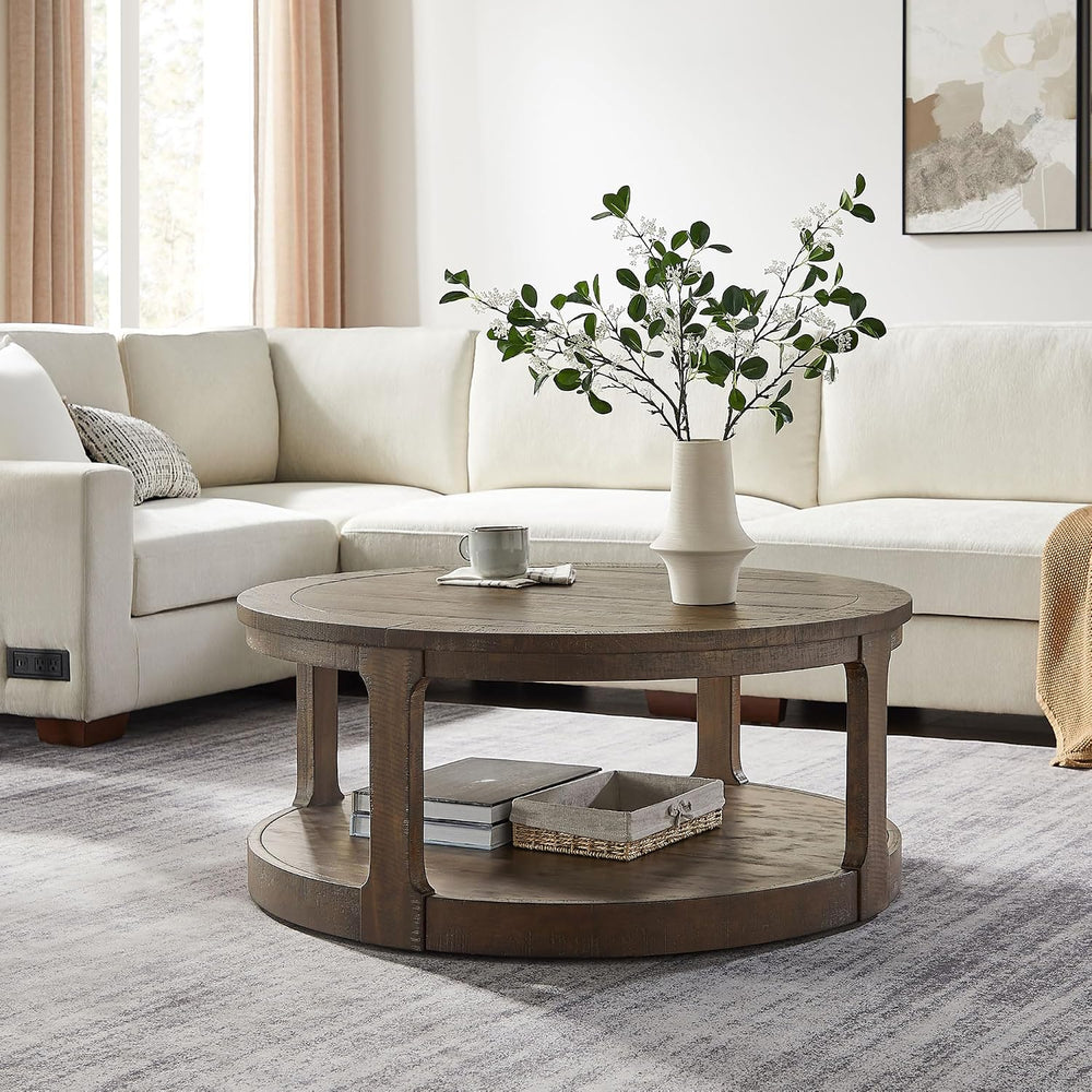 WILLIAMSPACE 40" Round Coffee Table with Wheels, Circle 2 Tier Solid Woo...