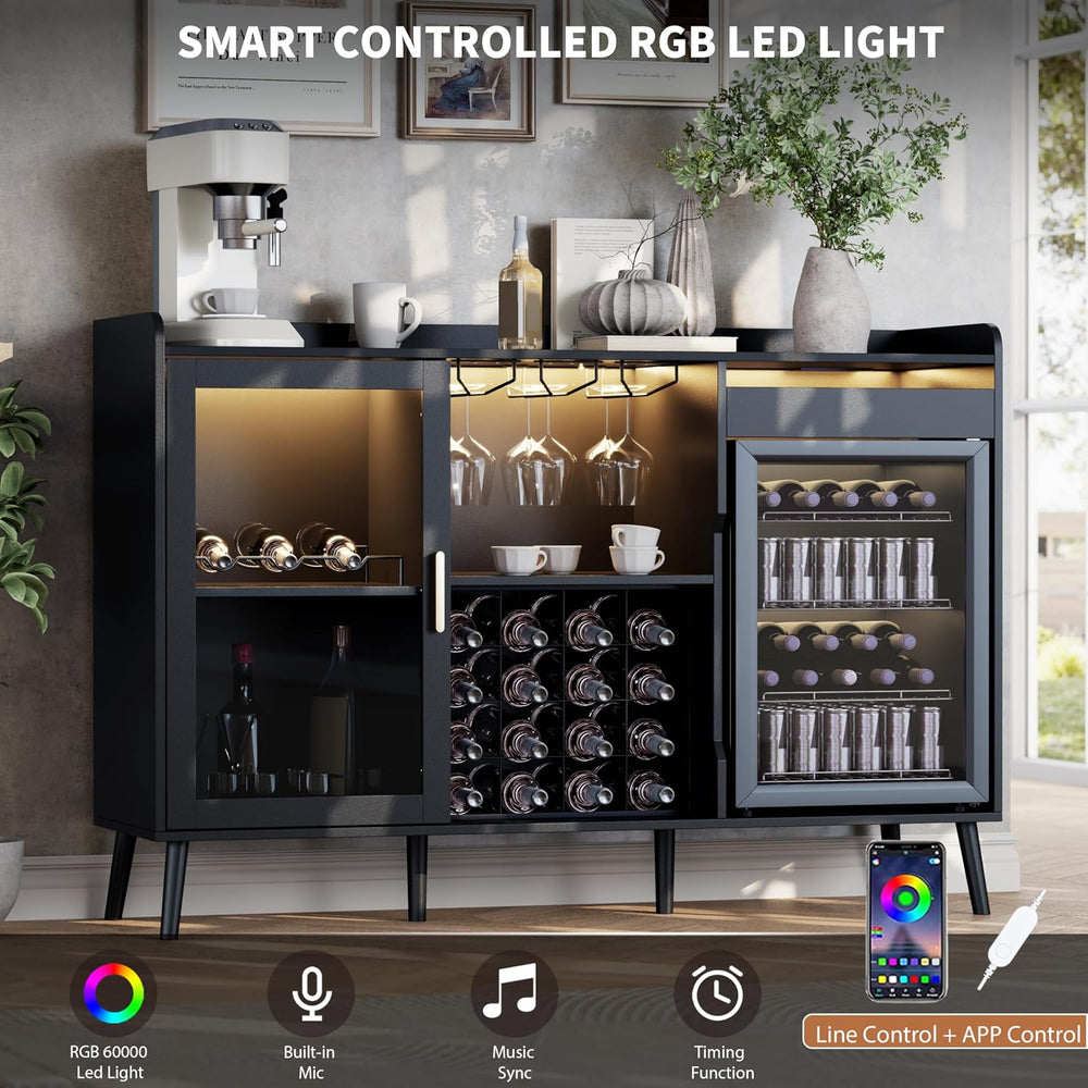 Coffee Bar Cabinet with Fridge Space, Black Wine Cabinets with Power Outlet