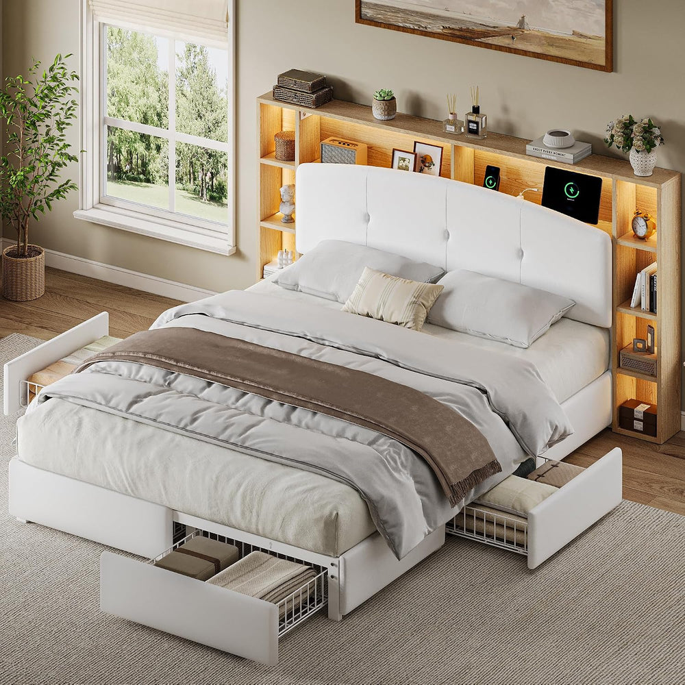 Einhomn Full Size Platform Bed Frame with 5-Tier Storage Headboard White