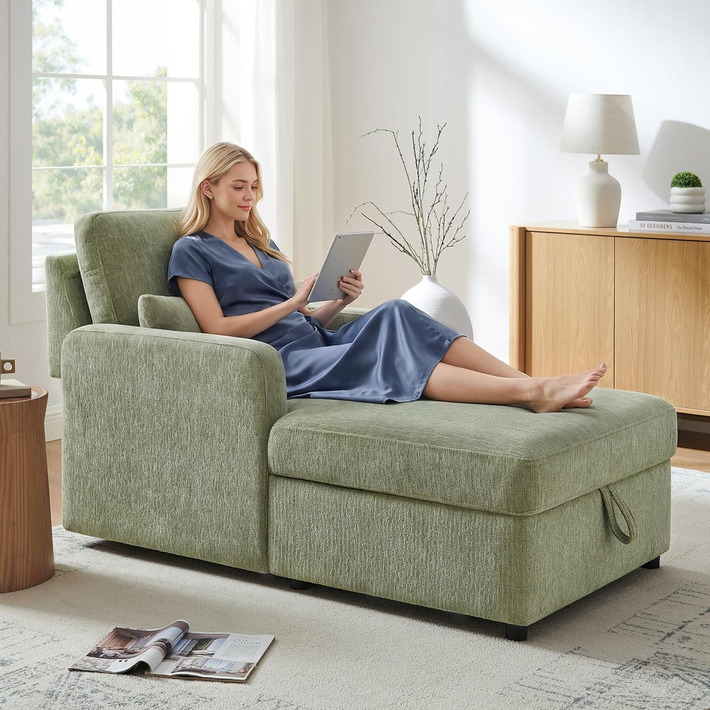 63.8" Large Chaise Lounge Chair with Storage, Chenille Sage Green