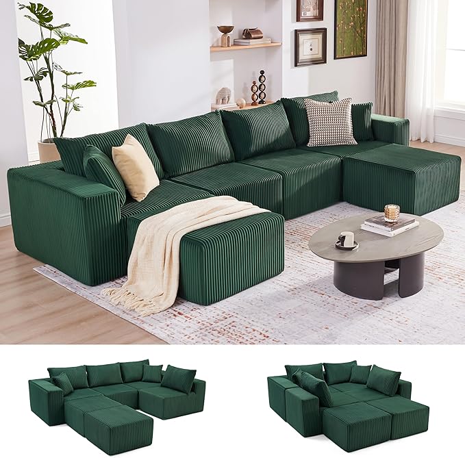 135.4" Cloud Couch Sectional, Modular Sectional Sofa with Deep Seat, Plush Corduroy U Shaped Couch, Convertible Sectional Couches for Living Room, 6Seat, Green