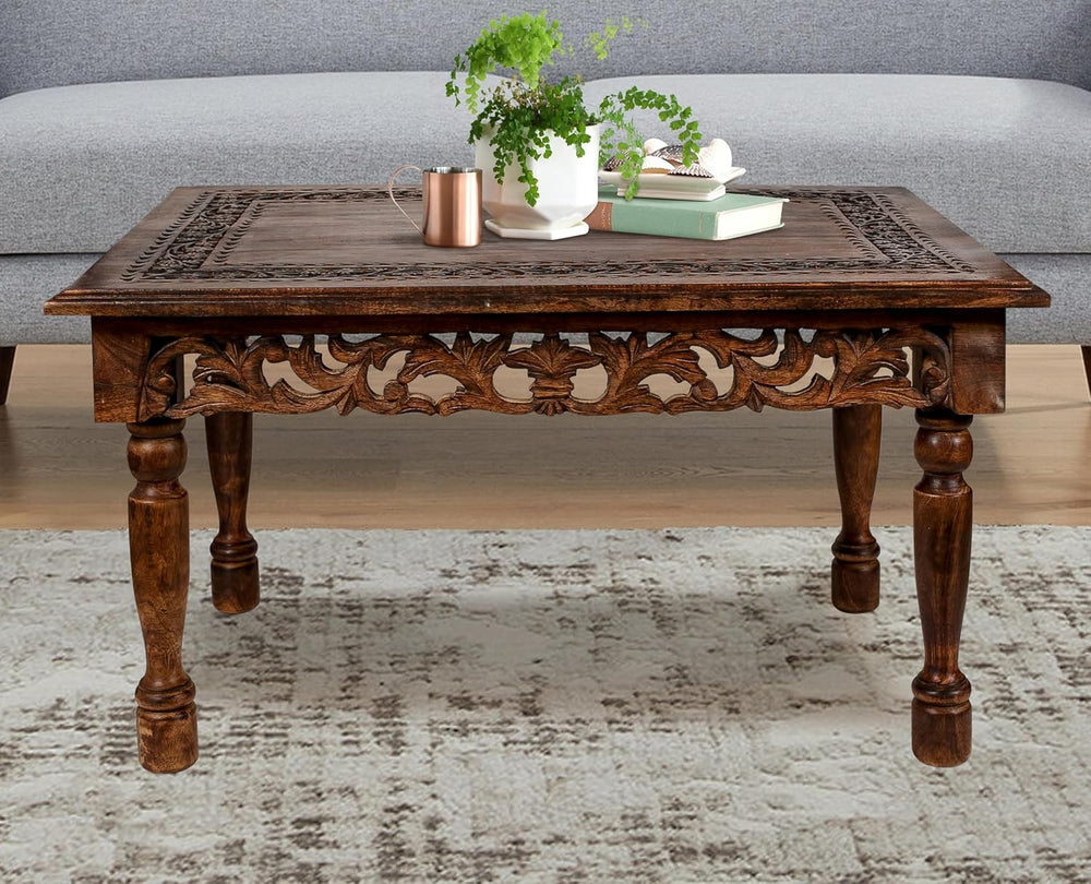 Coffee Table in Solid Wood With Hand Carving 38x24x18"_Burnt Rectangular