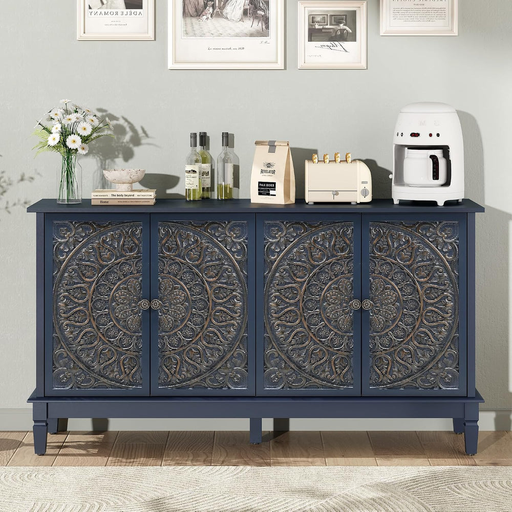 59" Solid Wood Buffet Cabinet, Accent Cabinet, 4 Carved Doors