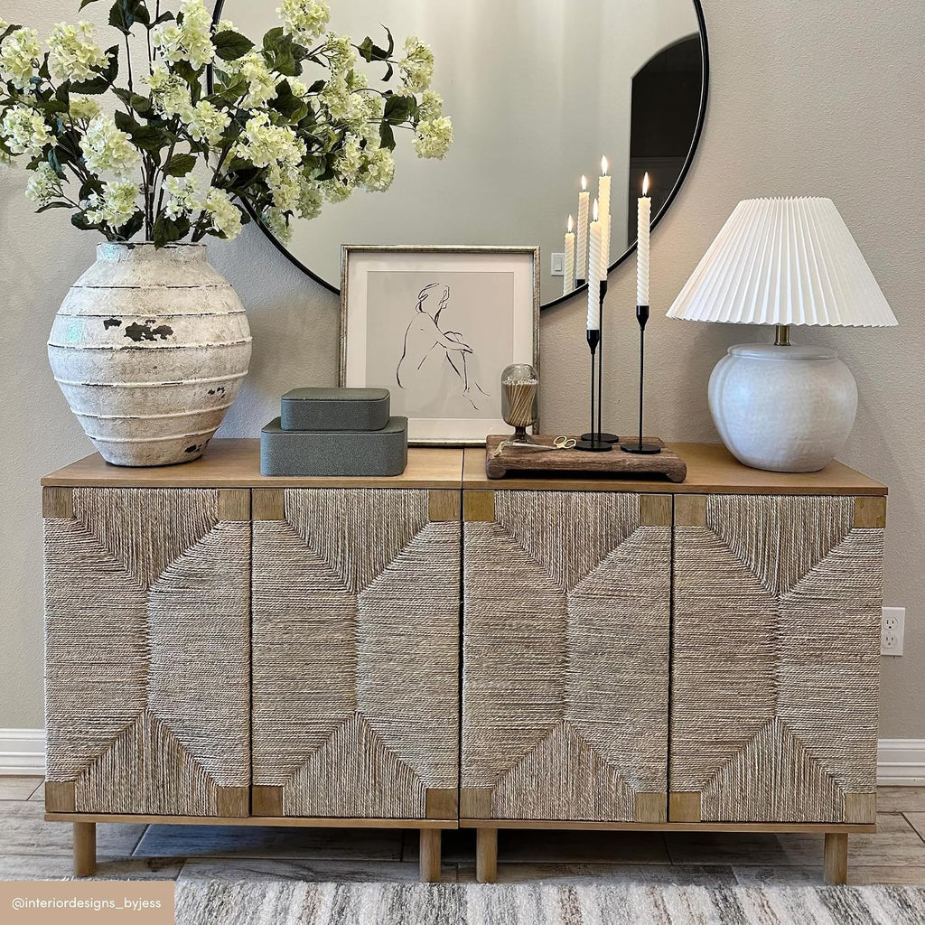 Nathan James Beacon Accent Buffet Sideboard Cabinet, Natural Light Wood Storage with Adjustable Interior Shelf and Seagrass Doors, for Hallway, Entryway or Dining Room, Light Brown