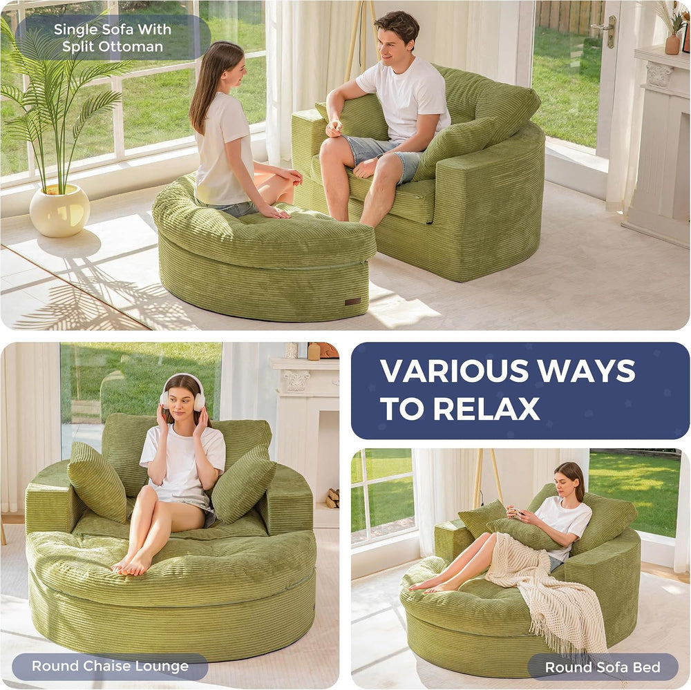 MAXYOYO Oversized Round Chaise Lounge Sofa, Boneless Chair with Ottoman
