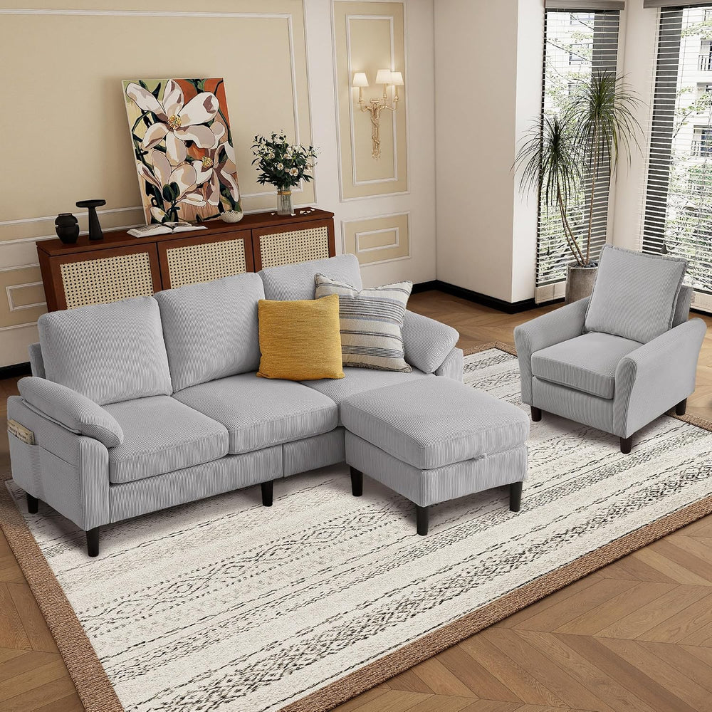 3 Pieces Corduroy Sofa Set for Living Room with Sofa, Storage Ottoman and Sin...