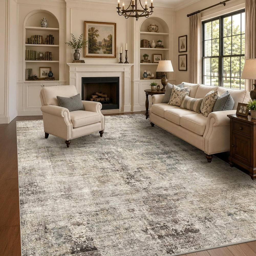 Taupe Brown 7x9 Vintage Rug for Living Room, Modern Abstract Taupe Earthy Din...