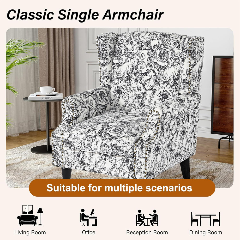 Floral Wingback Accent Chair, High Back Upholstered Armchair, Rococo Black