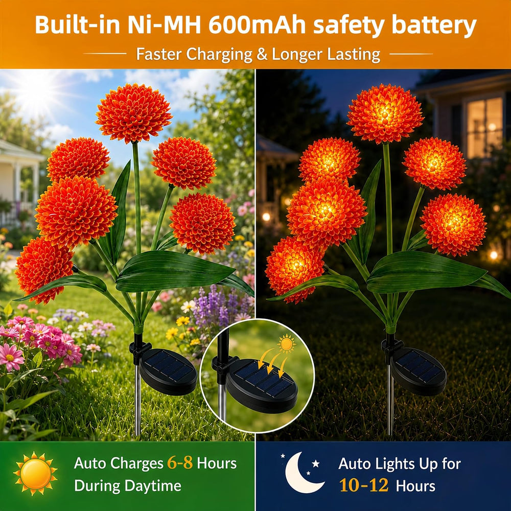 Solar Flower Lights Outdoor, 4 Pack 24 LED Solar Garden Lights, Orange Red Sp...
