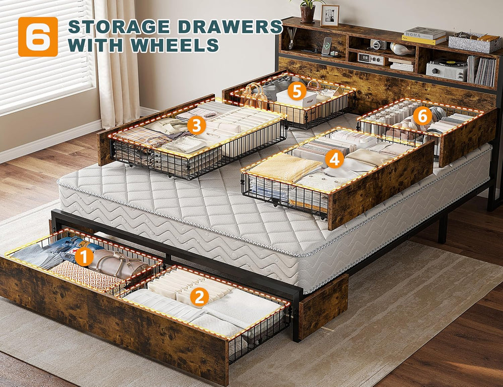 EnHomee Queen Bed Frame with 6 Storage Drawers, Charge Station,Noise-Free