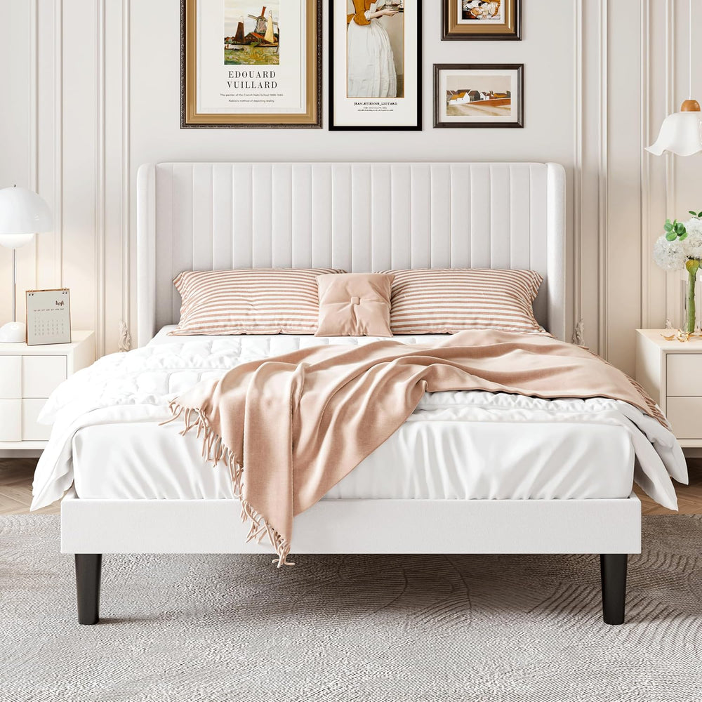 SHA CERLIN Full Size Velvet Bed Frame, Tufted Wingback Headboard, White