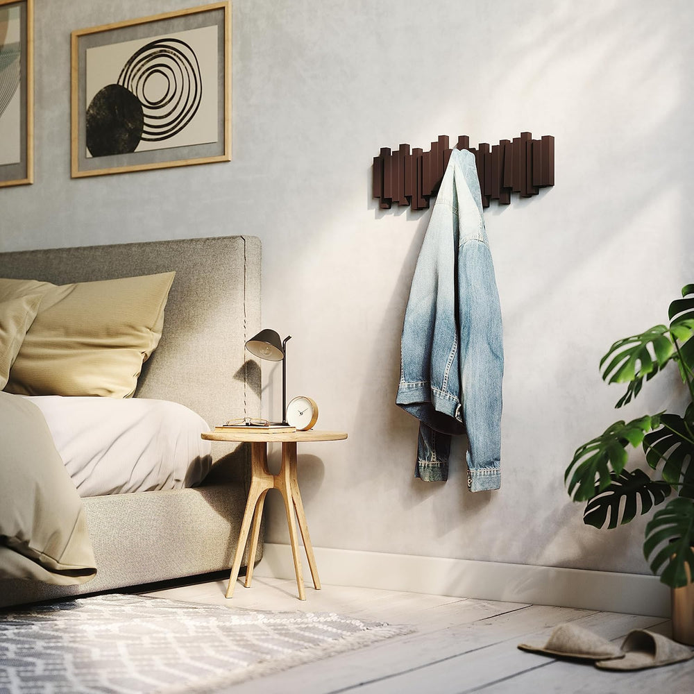 Umbra Sticks Wall Mount Coat Rack, 5 Hook Retractable Pegs, Espresso