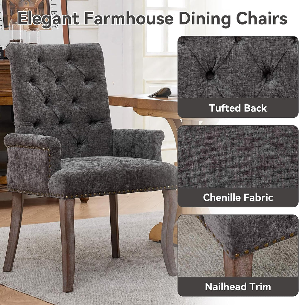 Farmhouse Upholstered Dining Chair with Arms & Nailhead Trim, Tufted Chen...