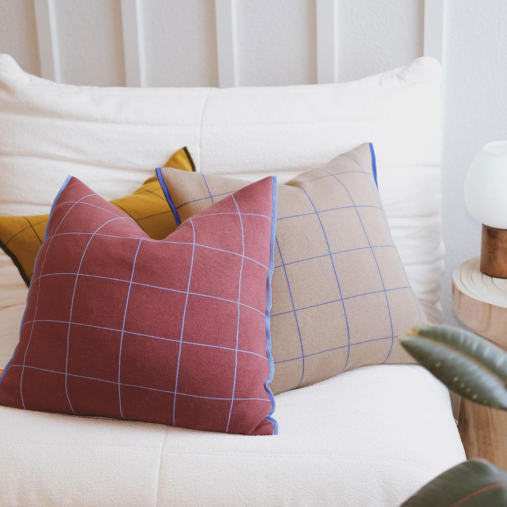 100% Soft Cotton Knitted Modern Window Pane Pillow Cover 18x18 (Burgundy, Mar...