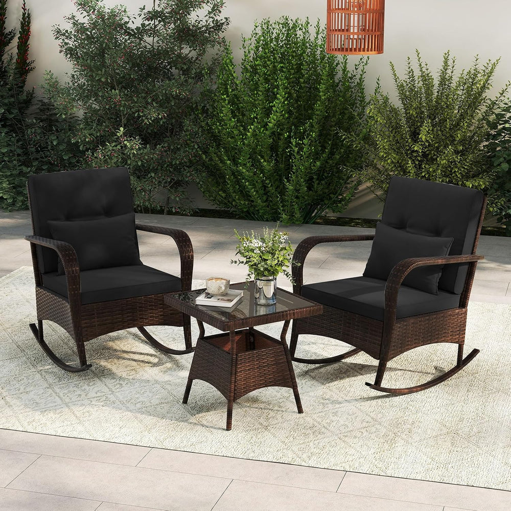 ORALNER 3 Pieces Outdoor Wicker Rocking Chair, Patio Furniture Set (Black)