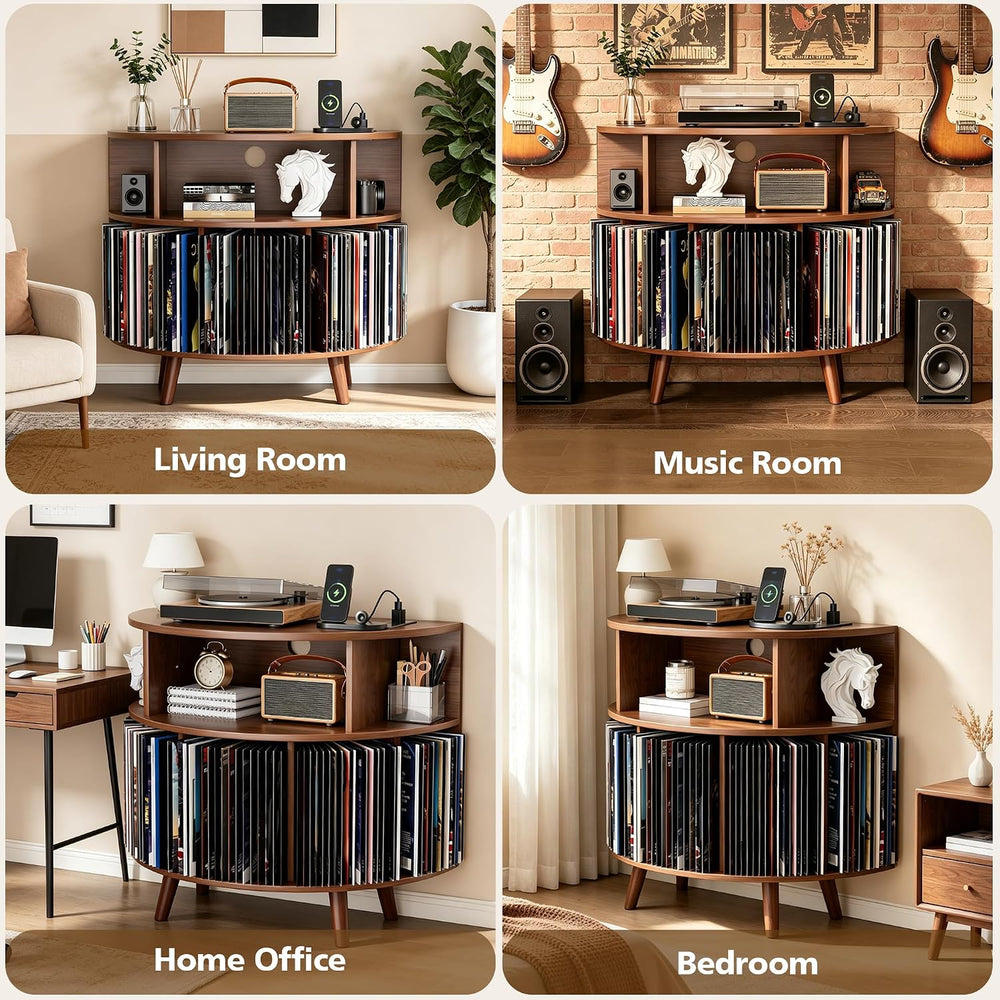 31.5" Record Player Stand with Power Outlet, Curved Vinyl Storage Cabinet