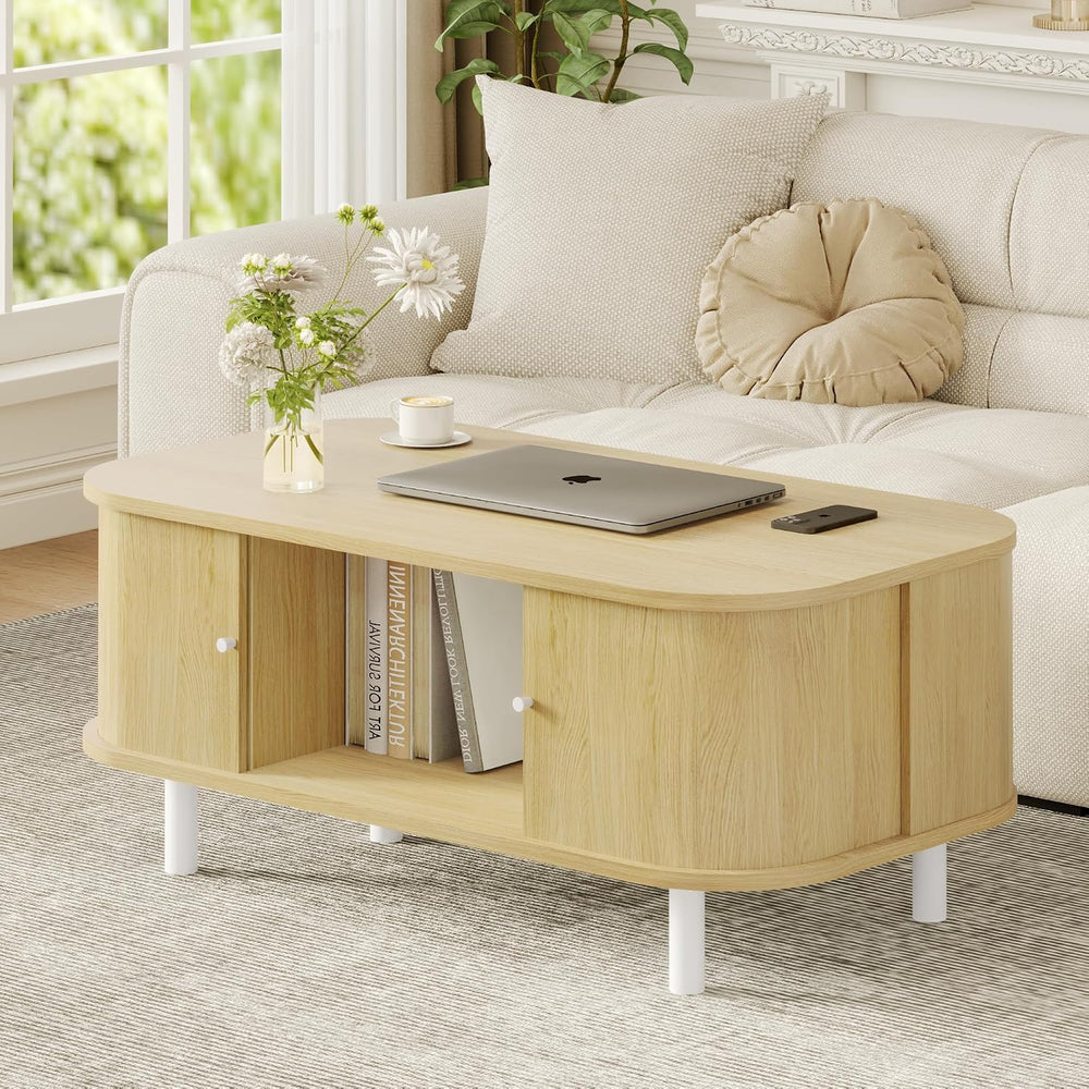 FROMJBEST 39.17" Oval Coffee Table with Sliding Doors, Mid-Century, Oak