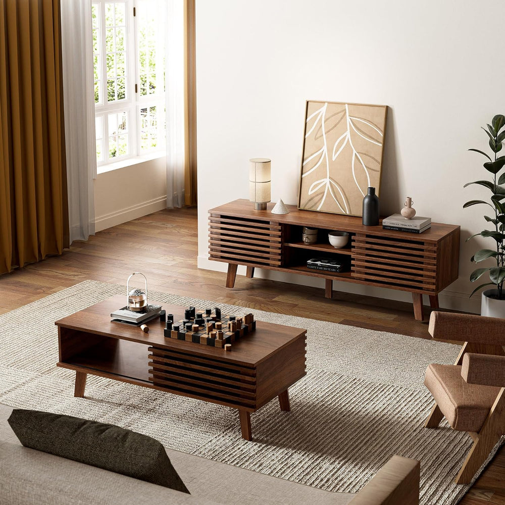 MAISONARIA Mid Century Coffee Table with Storage & Sliding Fence Door, Mo...