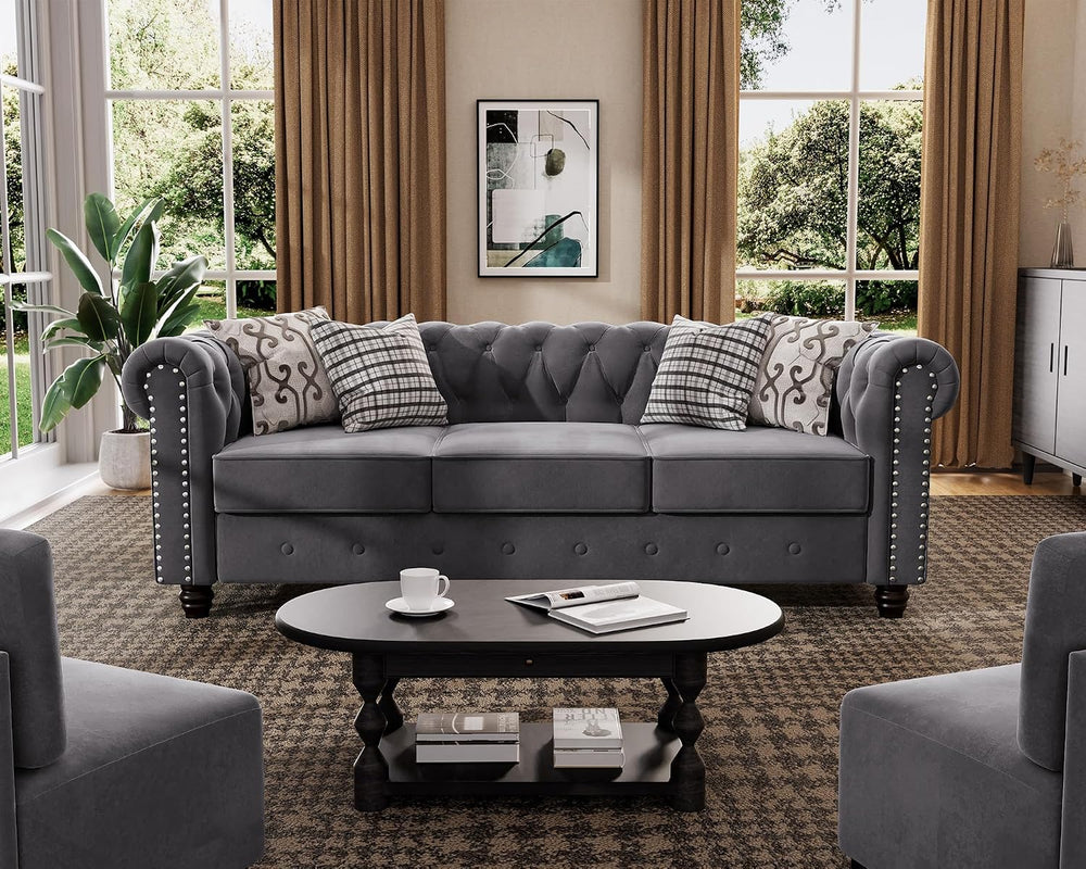 3 Piece Classic Chesterfield Sofa Set,Chair&Loveseat&Sofa,Velvet Grey