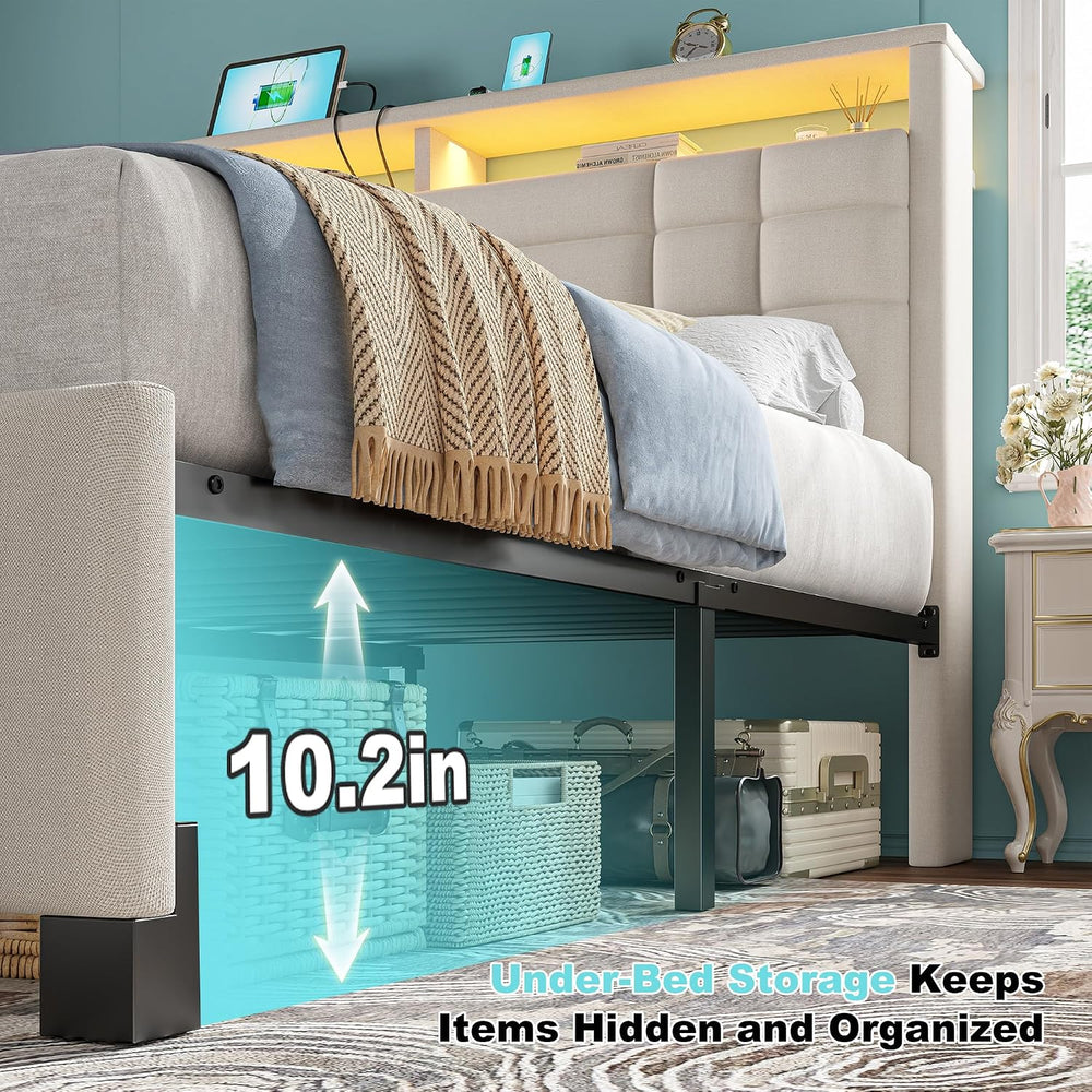 EnHomee Queen Upholstered Bed Frame with LED Lights & Charge Station, Beige