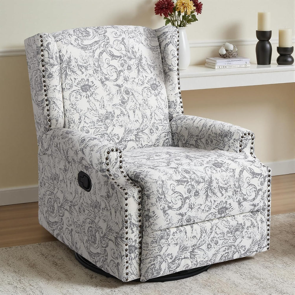 Swivel Rocker Recliner Chair, Rococo Wingback Armchair, Light Gray