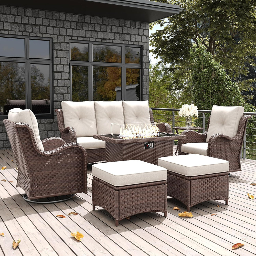 LayinSun 7 Pieces Outdoor Patio Furniture Set with Fire Pit Table, Rattan Wic...